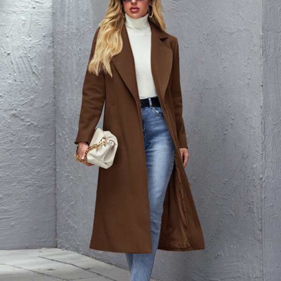 Cozy Camel Tan wide collar coat jacket trench PeaCoat - Picture 7 of 12